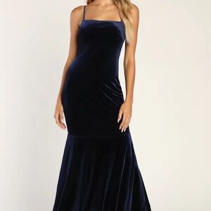 Alluring Muse Navy Blue Velvet Tiered Trumpet Maxi Dress